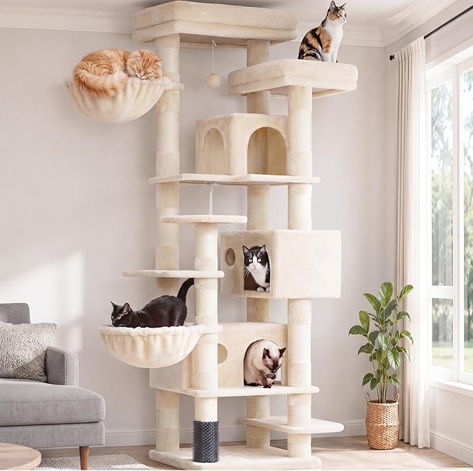 Hey-brother Cat Tree, 74 inches Multi-Level XL Large Cat Tower for Indoor Cats with Three Cat Condos, Two Large Top Decks and Cat Hairbrushfor Kittens, Cats and Pets, Beige MPJ035-MM