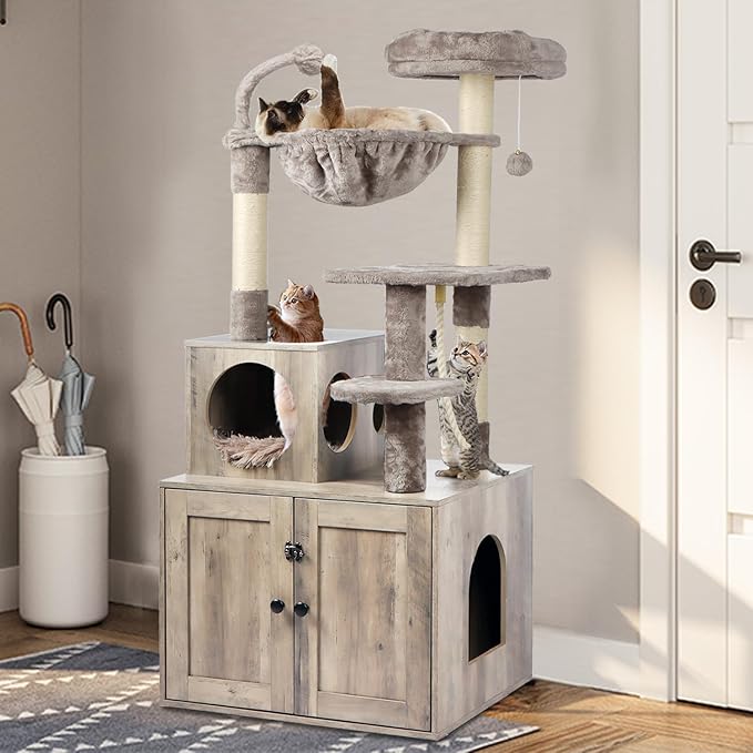 Timberer Cat Tree with Litter Box Enclosure, 2-in-1 Cat Tower for Indoor Cats, Large Wood Cat Condo with Basket, Scratching Posts, Pompoms, Grey