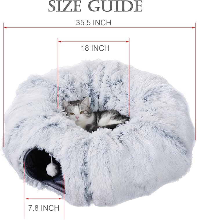 Cat Tunnel with Cat Bed for Indoor Cats, Soft Plush Peekaboo Cat Cave Donut Tunnel, Multifunctional Playground Toys Hideplace for Small Medium Large Kittens, Rabbit, Ferret (L)