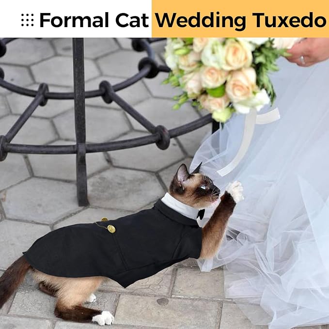 DENTRUN Cat Tuxedo Outfit, Sphynx Cat Costume Formal Suit with Bow Tie, Stylish Cat Shirt Fashion Apparel Fancy Clothes, Kitten Formal Attire Wedding Onesie Costume for Cats Only