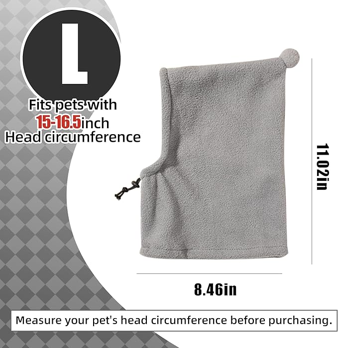 Pet Neck Warmer with Hat, Leopard Print, Adjustable Drawstring, Soft Polyester, for Dogs and Cats (Grey, Large)