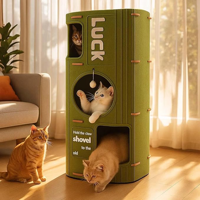 3-Tier Felt Cat House & Tunnel Bed for Indoor Cats β Enclosed Felt Cat Cave Condo with Plush Ball & Cushion β Cozy Hideaway Nest & Cat Furniture, Large Covered Casa para Gatos
