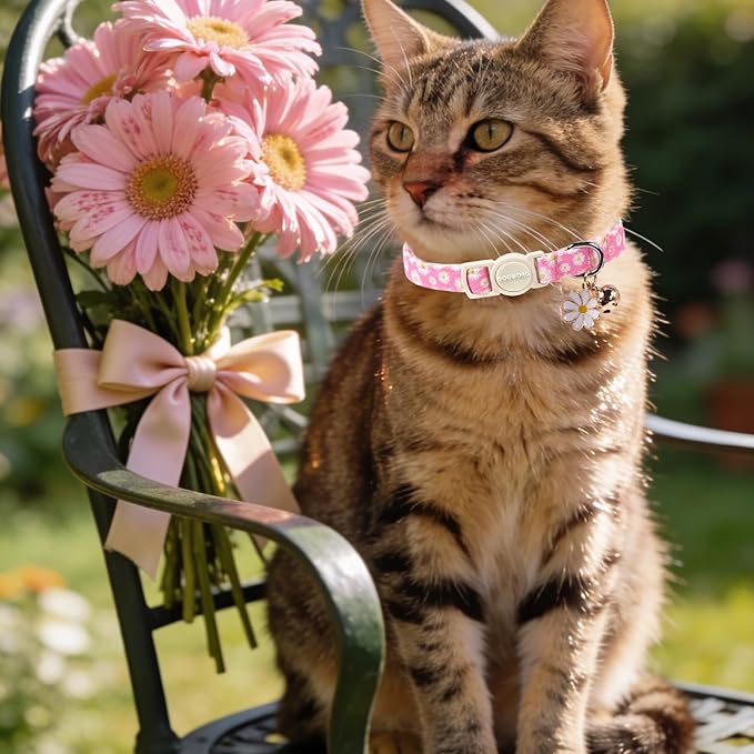2 Pack Pink Floral Cat Collars Breakaway with Bell, Safety Buckle Daisy Cat Collar for Girl Cats and Small Dogs,Adjustable 7-12 Inch,Pet Supplies Accessories