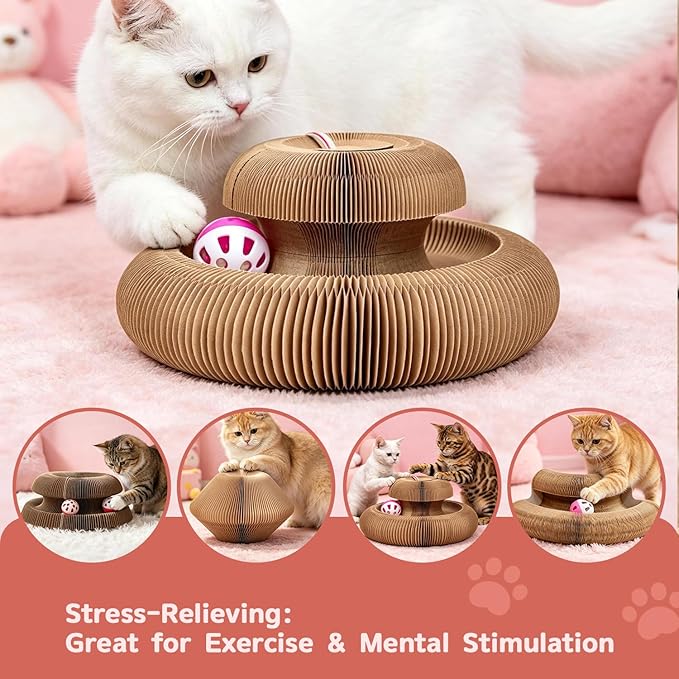 Heart Magic Organ Cat Scratcher, Foldable Accordion Heart Shaped Scratching Board with Bell Ball, Recycled Cardboard Interactive Scratch Pad for Indoor Cats & Kittens