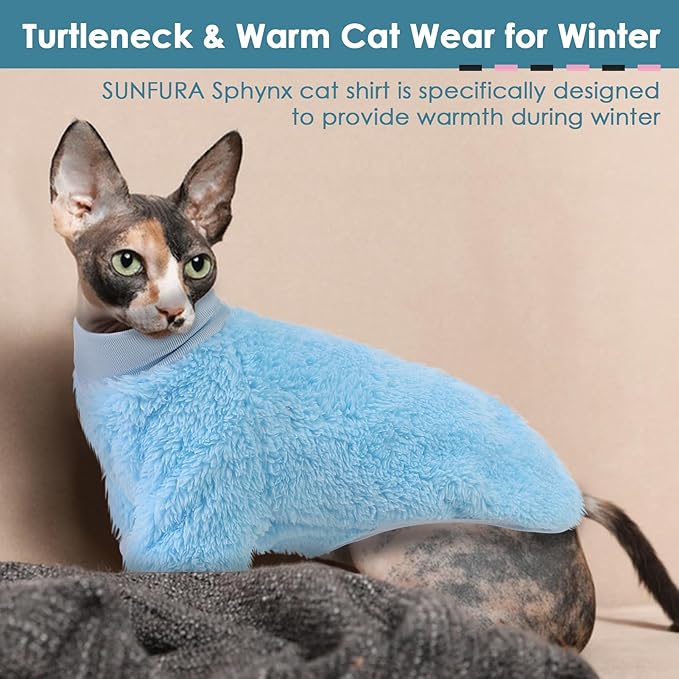 Sphynx Cat Sweater, Hairless Cats Turtleneck Pullover Kitten Sweaters for Cats Only, Warm and Soft Cat Pajamas Shirt with Sleeves Pet Winter Clothes Fleece Jumpsuit for Puppy, Blue M