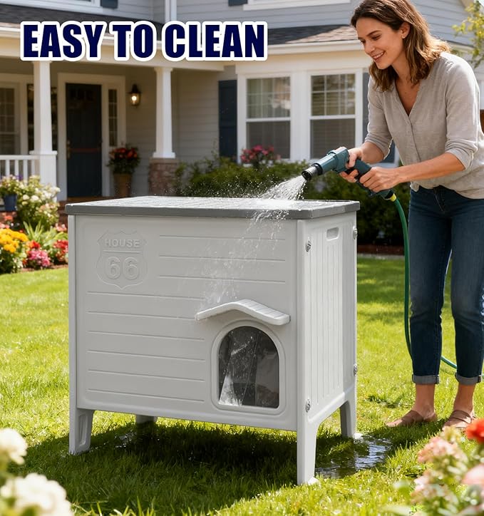 Cat House for Outdoor with Insulated Liner Weatherproof Cat Shelter, Plastic Cat House Easy to Assemble Cable for 1-4 Cats (Winter-Ready)