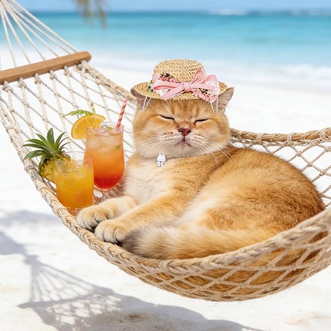 NACOCO Cat Hat Sunflower Straw Hat Handcrafted Rose Lovely Sun Cap Accessories for Small Dogs and Cats Photograph (M, Pink Flower Fairy)