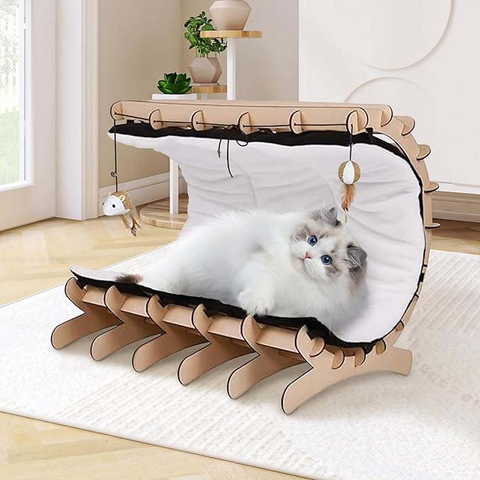 Jerry & Maggie Cat Hammock Bed for Cat Lounger, Wood Cat Beds for Indoor Cats, Cute Kitty House Furniture Toy with Soft Cozy Washable Removable Seat for Sleeping Playing and Lounging, C Shape