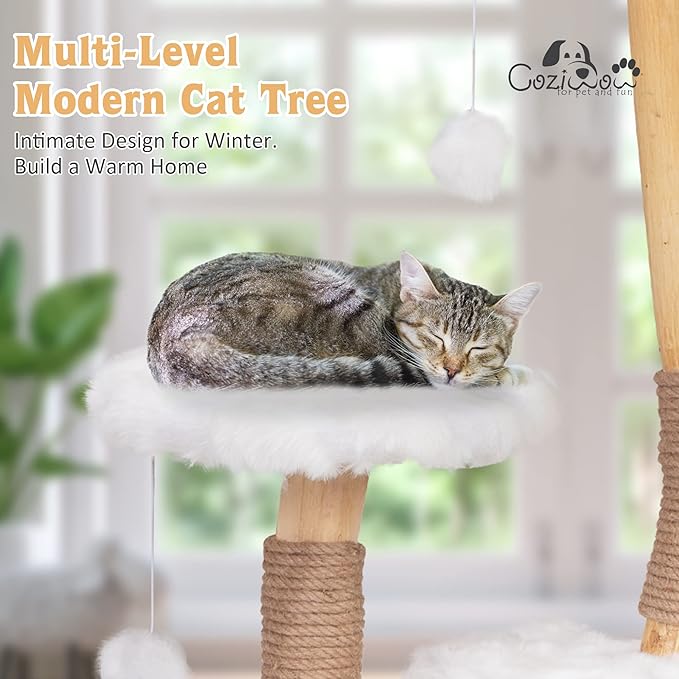Cloud Cat Tree Aesthetic, Natural Wood Branch Cat Tree Tower with Large Condo, Soft Perches, Kitten Scratching Posts, Cat-Approved Modern Luxury Cat Tower, White