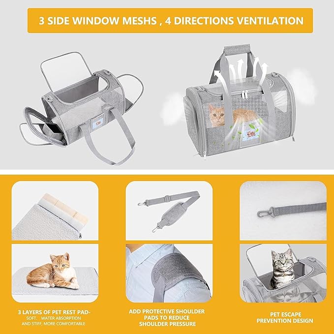 Airline Approved Cat Carrier Soft-Sided Pet Travel Carrier for Cats and Small Dogs up to 15lbs, TSA Approved Under Seat Carrier with Collapsible Bowl, Grey