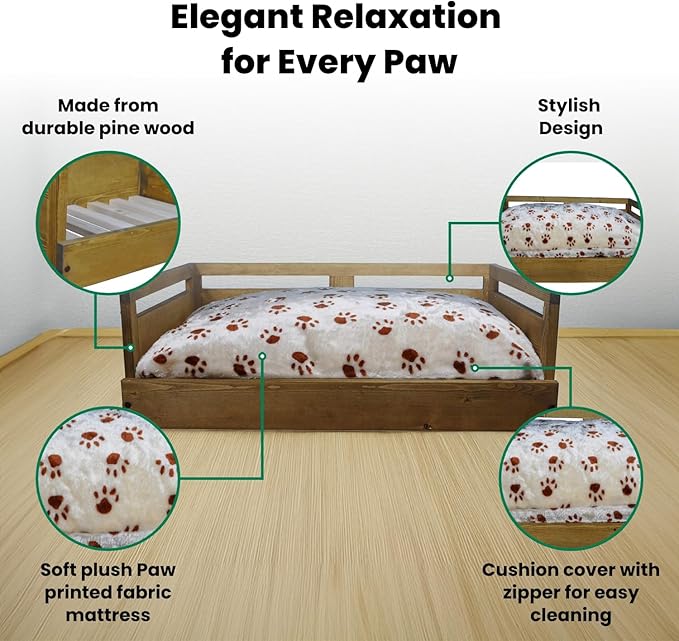 Iconic Pet Sassy Paws Wooden Pet Bed with Paw Printed Comfy Cushion for Dogs & Cats in Varying Sizes & Colors, Small-Rustic Brown