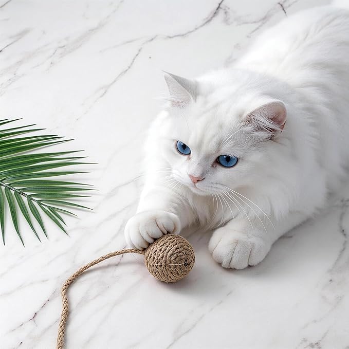 String Cat Toy Ball with 8 Inch Sisal Rope and Bell Inside, 1.7 Inch Sisal Rope Interactive Cat Ball Toy on String for Indoor Cats