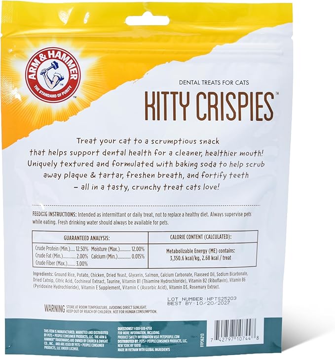 Arm & Hammer Kitty Crispies Dental Cat Treats, Baking Soda & Calcium Formula, Fights Bad Breath, Plaque & Tartar Without Brushing, Highly Digestible, Salmon Flavor, Adult Cats, 10 Oz