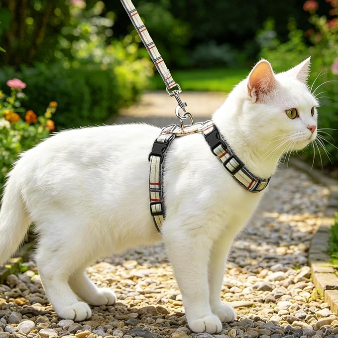 PUPTECK Adjustable Cat Harness and Leash Set Escape Proof Kitten Strap Collar for Walking Travel, Beige Plaid
