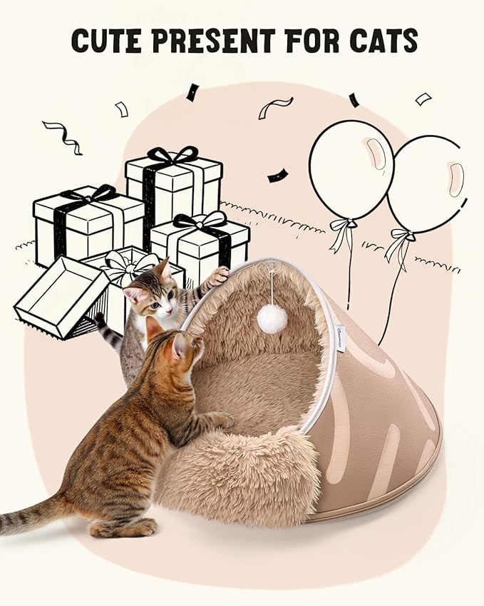 BurgeonNest 20-Inch Round Cat Bed Cave, Enclosed Hooded Pet House for Indoor Kittens, Anti-Collapse EVA Shell with Cord Access for Heating Pad, Washable Soft Plush, Brown