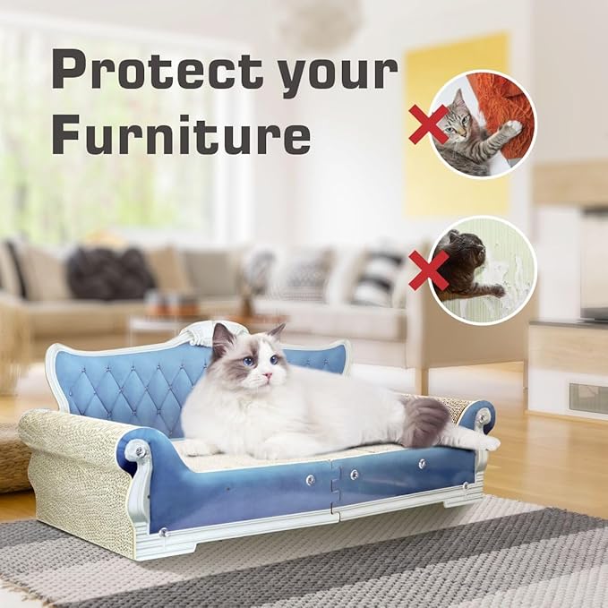 Extra Large Cat Scratcher Sofa Bed - 27.5" Durable Cat Couch & Scratching Board, Ergonomic Cardboard Lounge Furniture for Big Cats, Multi-Cat Households, Reversible Scratch Pad (Blue)