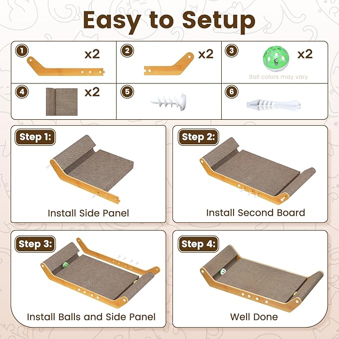 Large Cat Scratching Cardboard Pad, 24" Indoor Horizontal Corrugated Scratcher Bed with Interactive Ball Track, 2-in-1 Reversible Activity Board Lounger for Kitten Claws, Strong High Density