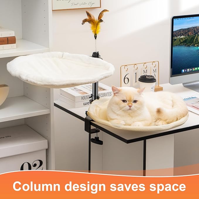 Uross Cat Desk Bed- Double Layers Adjustable Height 360 Rotation Cat Desk Perch Mount for Office and Game Tables, Attachment Desktop Bed with 2 Washable Covers, Soft Rabbit Fur& Breathable Mesh -Beige