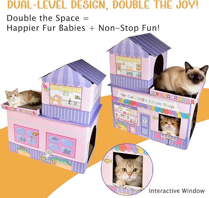 Cardboard Cat House for Indoor Cats, Double Layer Cat Scratcher House for Large Kitty Rabbit Bunny, Scratch & Sleep 2 in 1 Design, Durable & Easy to Assemble Scratching Bed (Ice Cream Shop)