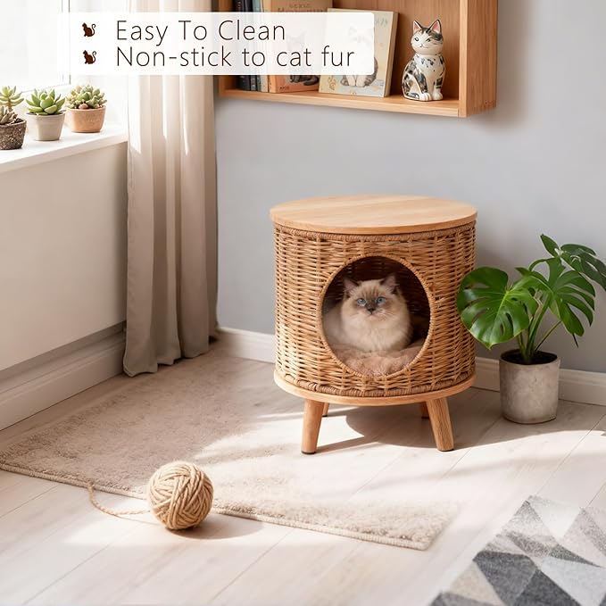 Rattan Cat House End Table, 2-in-1 Cat Bed Side Table, Stylish Pet Furniture for Indoor Cats in Living Room and Bedroom Brown