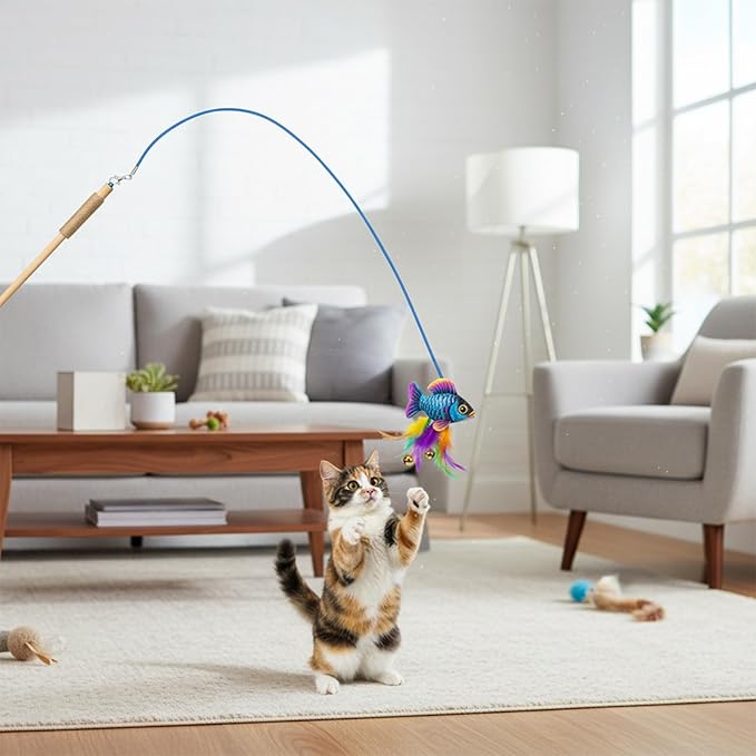 3 Pieces Replacement Strings for Cat Wand Toy, 25 Inch Long String Cat Toy Wire Kitten Wand Toy Refill Wires with Lobster Clasps for All Lures (White, Black, Blue)