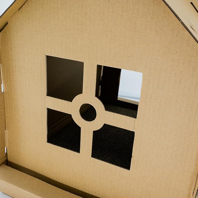 17.3 Inch Multiple Windows Detachable Cardboard House, House with Scratching Board, Indoor Playhouse, Scratching Mat with Catnip
