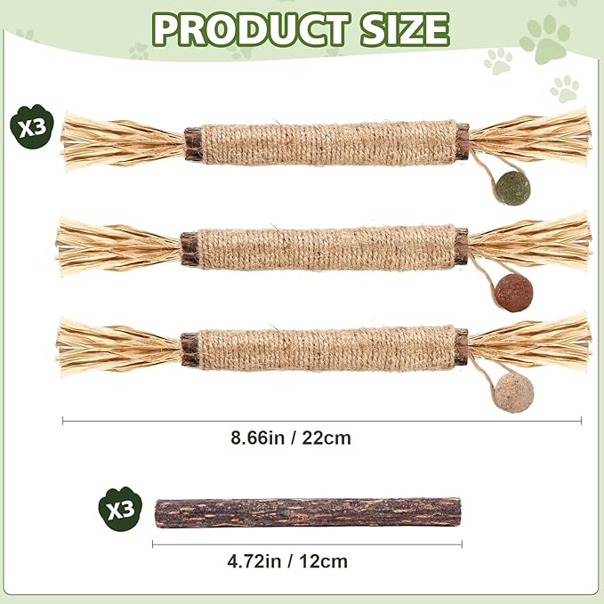 WOUSEDO 7 Pack Silvervine Sticks Cat Toy for Cats with Catnip & Matatabi Ball, Natural Chew Toys for Anxiety Relief & Dental Care, Teeth Cleaning Sticks for Indoor Cats & Kittens
