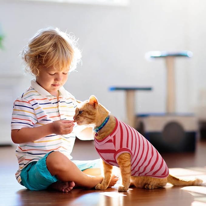 Sphynx Cat Clothes, Breathable Hairless Cat Shirts, Stripe Kitten T-Shirts Sleeveless, Pullover Cat Sweaters, Pet Summer Apparel for Sphynx, Cornish Rex, Devon Rex, Peterbald, Small Dogs