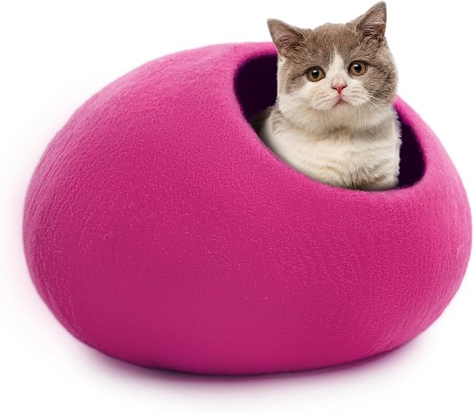 Woolygon Premium Felt Cat Cave Bed β Wool Kitty Beds Handcrafted Kitten Caves Bed for Indoor Cats - Made from Merino Wool, Foldable Cat Hideaway Covered Cat House Pod (Pink Plain)