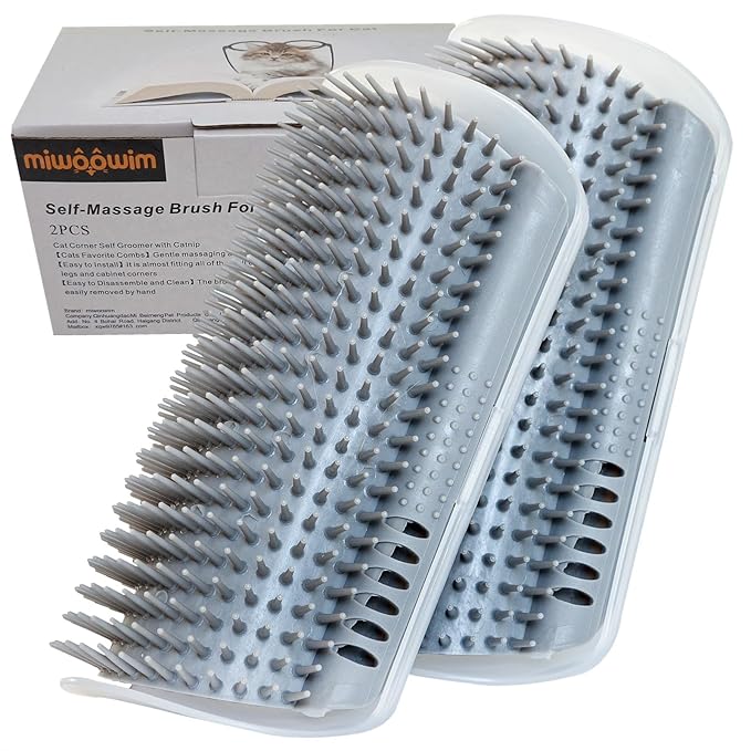 Miwoowim Extended (6.1") 2 Pack Self Grooming Cat Brush - Wall Corner Scratcher with Massage Combs for Long and Short Fur Cats, Kittens (Grey)
