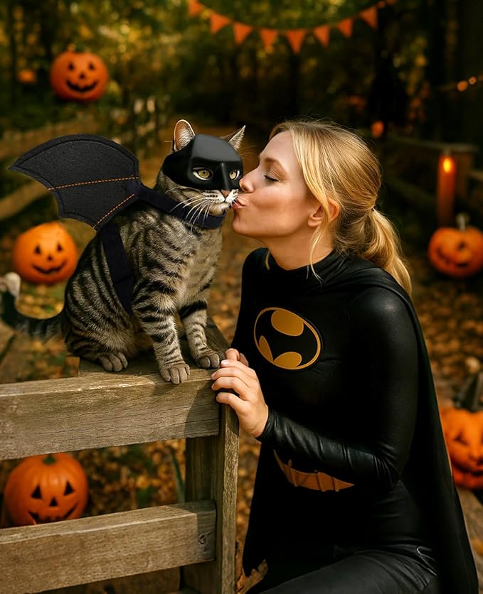 Halloween Cat Bat Wings Costume - Pet Outfits and Mask for Party Kitten Apparel for Boy Girl Funny Kitty Cosplay Dress Up Accessories