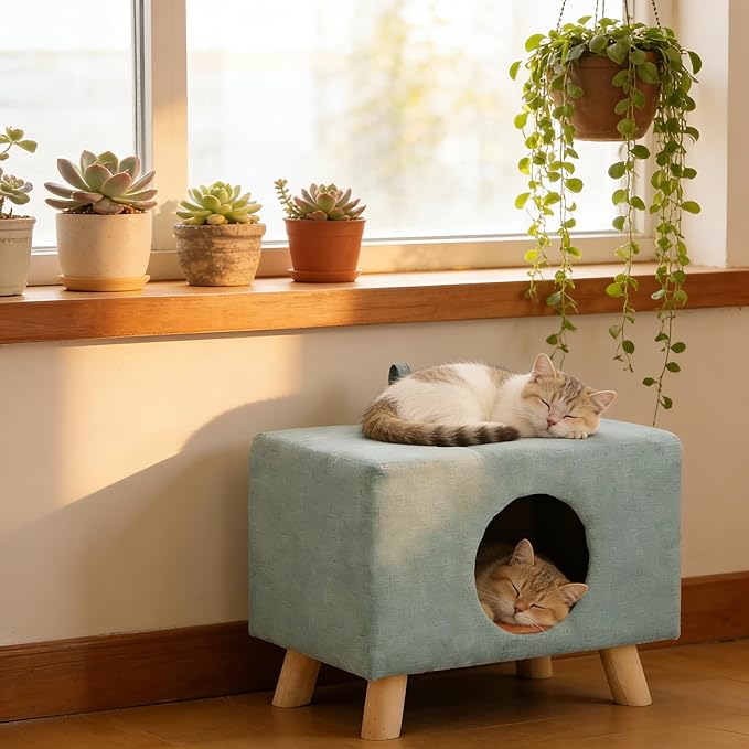 2-in-1 Cat Bed Stool, Semi-Enclosed Cat Cave Pet Bed for Indoor Cats & Small Dogs, Sturdy Wooden Legs, All-Season Cat House with 7.1” Entrance, Warm Winter Cat Furniture (Green)