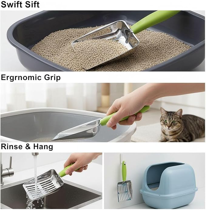 Cat Litter Shovel, Green, 430 Stainless Steel Metal Scooper with 5 Mm Fine Holes, 10.2 X 5.2 X 1.2 in, Non-Slip Pp Handle for Easy Cleaning & Storage
