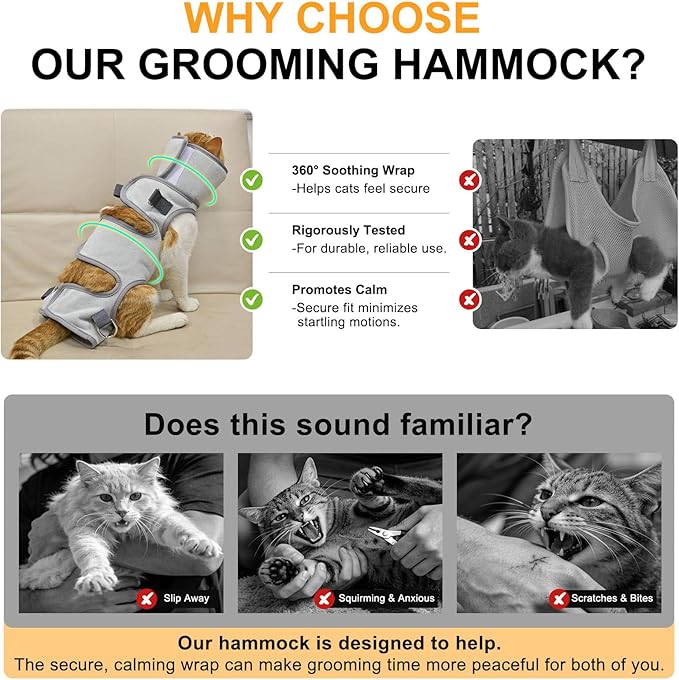 BEAUTYZOO Cat Grooming Hammock Harness for Cats Small Dogs-Self-Adherent Wrap Cat Holder for Cutting Nails,Cat Hammock with Cone Collar Soft to Stop Licking,Dog Hanging Sling Restraint Bag Cat Brushes