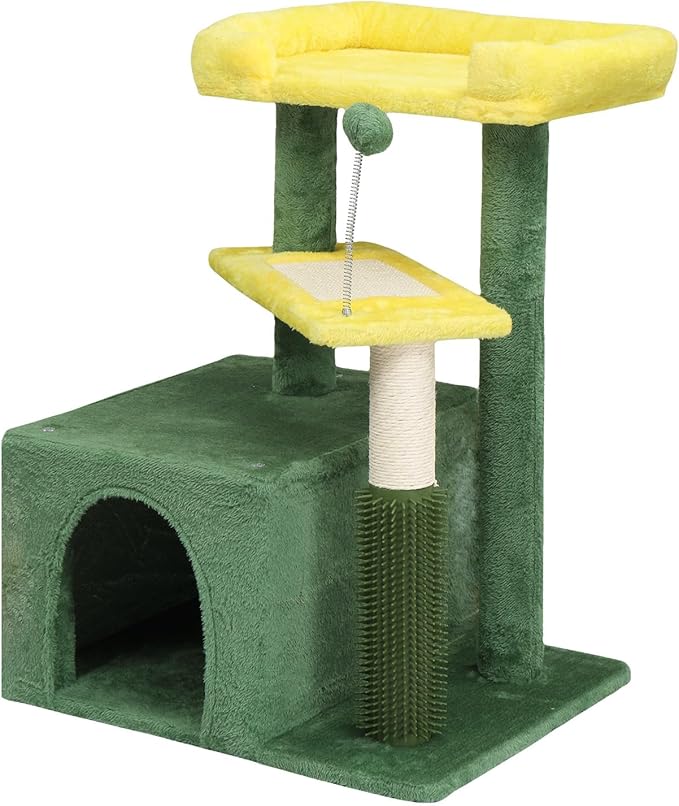 27.5in Plush Cat Tree, Multi-Level Cat Tower with Scratching Post and Pad, Cozy Condo & Padded Perch, Dangling Ball for Kittens and Indoor Cats, Compact Cat Furniture for Small Spaces (Yellow & Green)