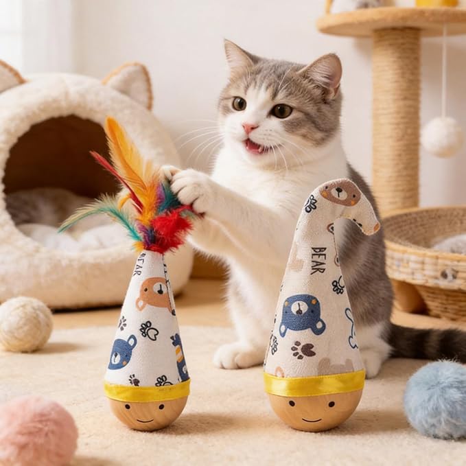 Natural Beechwood Cat Toy – Self-Righting Tumbler Wobble Toy with Colorful Feathers – No Battery, Silent Play for Indoor Cats & Small Dogs