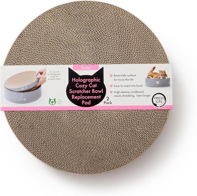 Necoichi Cat Scratcher Bowl Replacement for Indoor Cats - Cat Scratching Lounger with Reversible Usability and Extra Comfort for Lounge, Cardboard Bed Couch / (Regular, Hologram Gray)