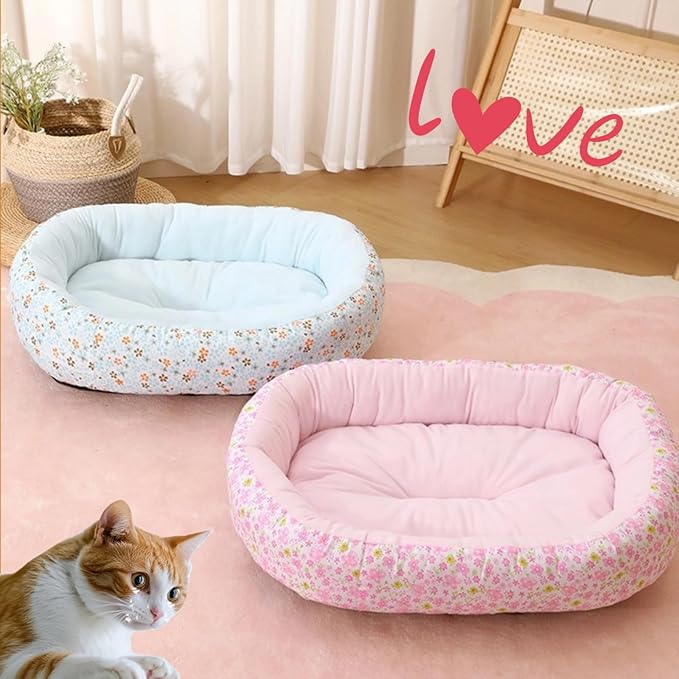 Floral Print Cat Beds for Indoor Cats Cozy Plush Fabric, Supportive Raised Sides, Non-Slip Bottom Washable Mat for Small Medium Pet Puppy Dog (Light-Blue,Medium)