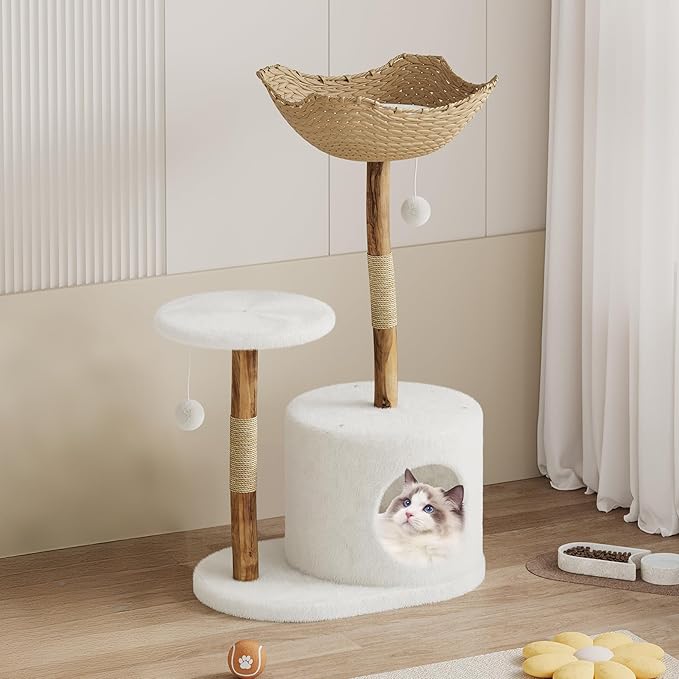 Garvee Wood Cat Tree Tower, Indoor Cat and Natural Wicker Apartment with Cat Catching Column and Bed, Aesthetic Tree Frame