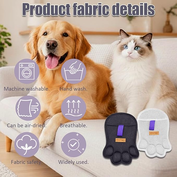 2PCS Paw Shape Pet Hair Removal Glove for Dogs & Cats, Reusable Electrostatic Lint Remover Brush for Couch, Carpet, Clothing, Bed, Car Seat, Upgraded Design(Black)