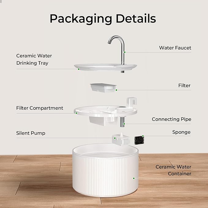 Voluas Ceramic Cat Water Fountain: 2.2L/74oz Cat Fountains for Drinking, Automatic Pet Water Dispenser with Ultra-Quiet Pump and Replacement Filter, Kitty Watering Supplies Indoor Easy Clean 3 Filte