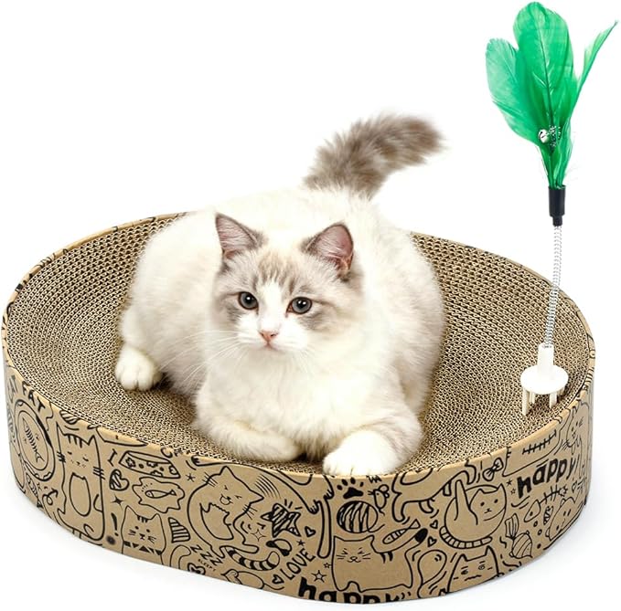 Cat Scratcher Cardboard, 2in1 Oval Cat Scratcher Bed for Indoor Cats Cat, Scratch Pad Bowl with Scratching Toy, Cozy Oval Cat Scratch Bed Furniture for Kittens & Medium Size Cats(Black)