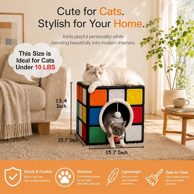 Cat Condo House with Reversible Cushions and Fluffy Ball Hanging, Foldable Magic Cube, Large Cave Bed for Indoor Cats, Unique Puzzle Shape 15.7“ x 15.7" x 13.4”