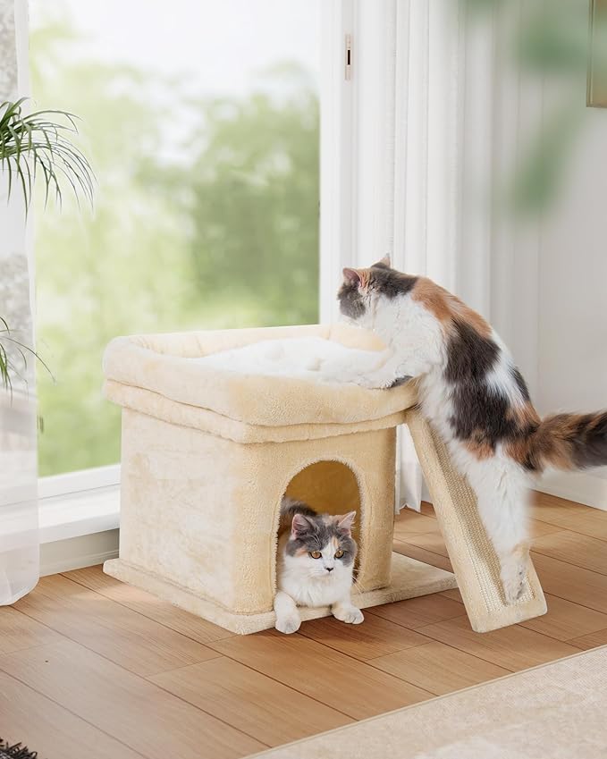 Aechonow Small Cat Tree Tower for Large Cat, Cat Bed House with Large Perch for Adult Cats, 20x16.5 Inch Big Platform for Indoor with Super Cozy Soft Mat, Large Cat Condo with Scratching Post, Beige