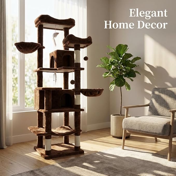 68" Cute Cat Tree for Indoor Cats Large Adult, Tall Cat Tower with Scratching Post & Condo, Hammock, Aesthetic Cats Stand, Modern, Easy Assembly (Brown, 68" Tall)