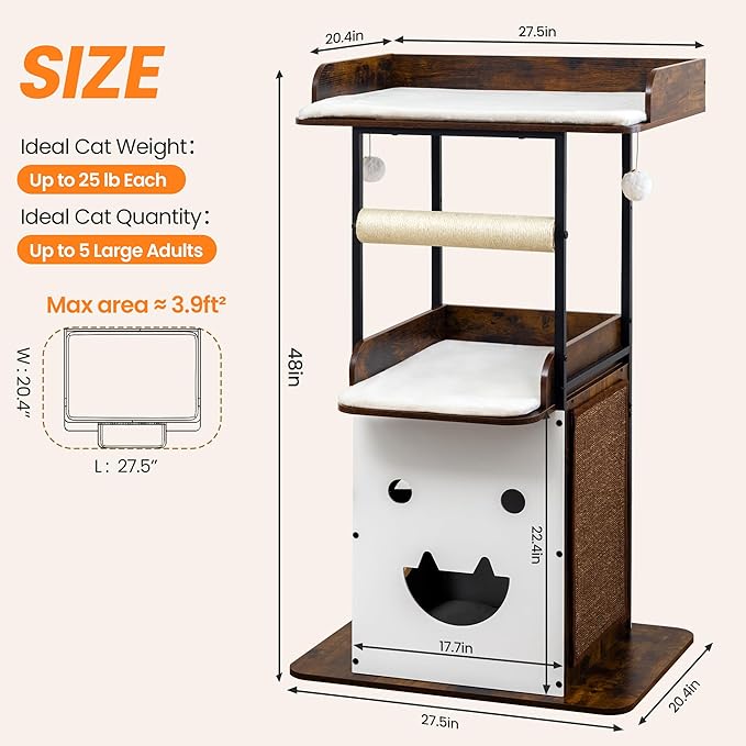 Wood Modern Cat Tree Tower for Indoor Large Cats, 48-Inch Tall Wooden Cat Trees with Big Perch Bed, Multi-Level Condo with Scratching Board Posts, Removable Pads, Cat Furniture, Rustic Brown