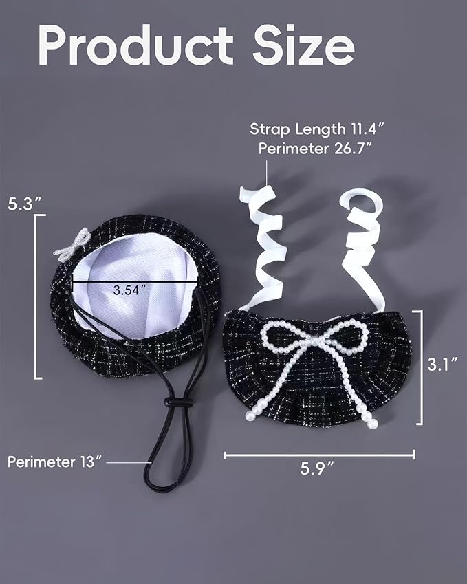 2Pcs Pet Beret Hat with Lace Bow, Adjustable Scarf Set Pet Princess Costume for Halloween Christmas, Cat Dog Birthday Party Apparel (Pink Lace)
