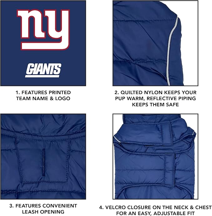 NFL New York Giants Puffer Vest for Dogs & Cats, Size Medium. Warm, Cozy, and Waterproof Dog Coat, for Small and Large Dogs/Cats. Best NFL Licensed PET Warming Sports Jacket