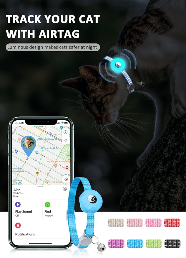 AirTag Cat Collar, Reflective Kitten Collar with Breakaway Apple AirTag Holder and Bell, Lightweight GPS Tracker Collar for Cats and Puppies (Luminous Blue)
