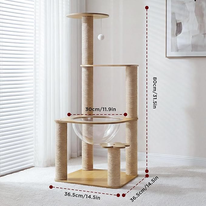 31 Inch Cat Tree,Solid Wood Cat Tree, Multi-Level Cat Tower with Cat House, Sisal Scratching Posts, Teaser Ball, Indoor Cat Condo for Active Cats for Kittens and Cats - Walnut
